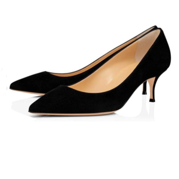 FSJ Shoes - FSJ Black Suede Kitten Heel Pointy Toe Pump